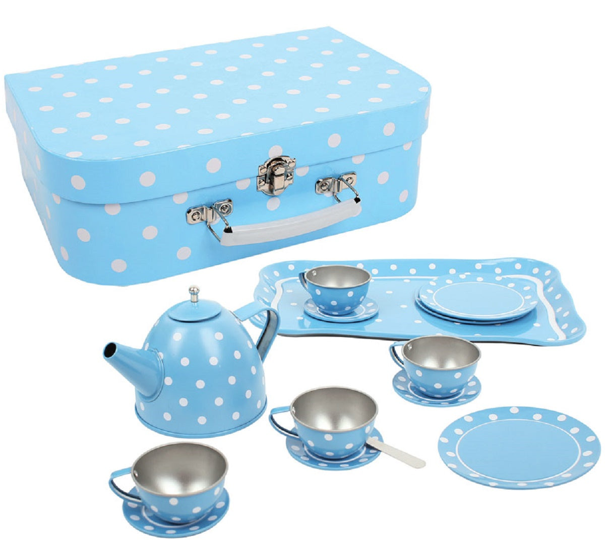 Blue Polka Dot Tin Tea Set in a Case