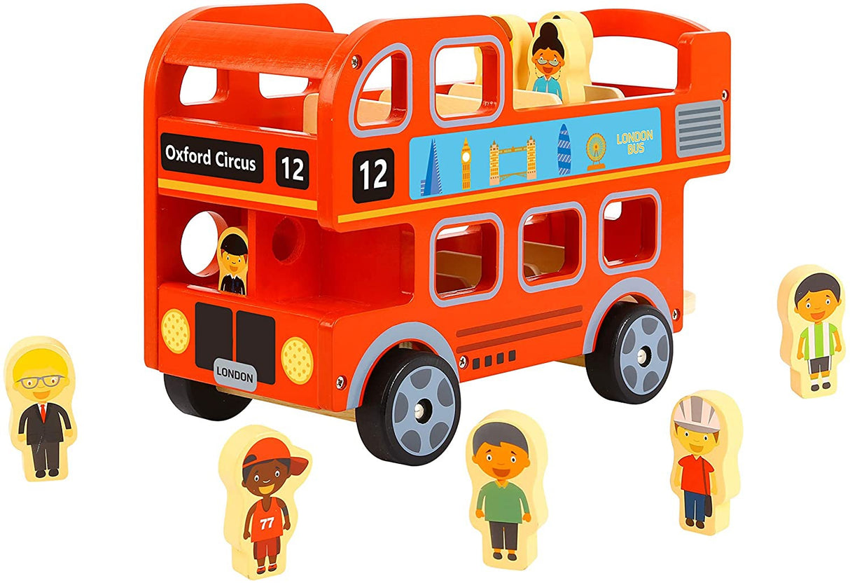 Wooden London Bus with 8 Passengers
