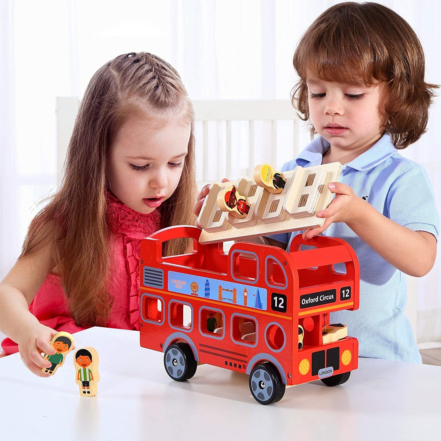 Wooden London Bus with 8 Passengers