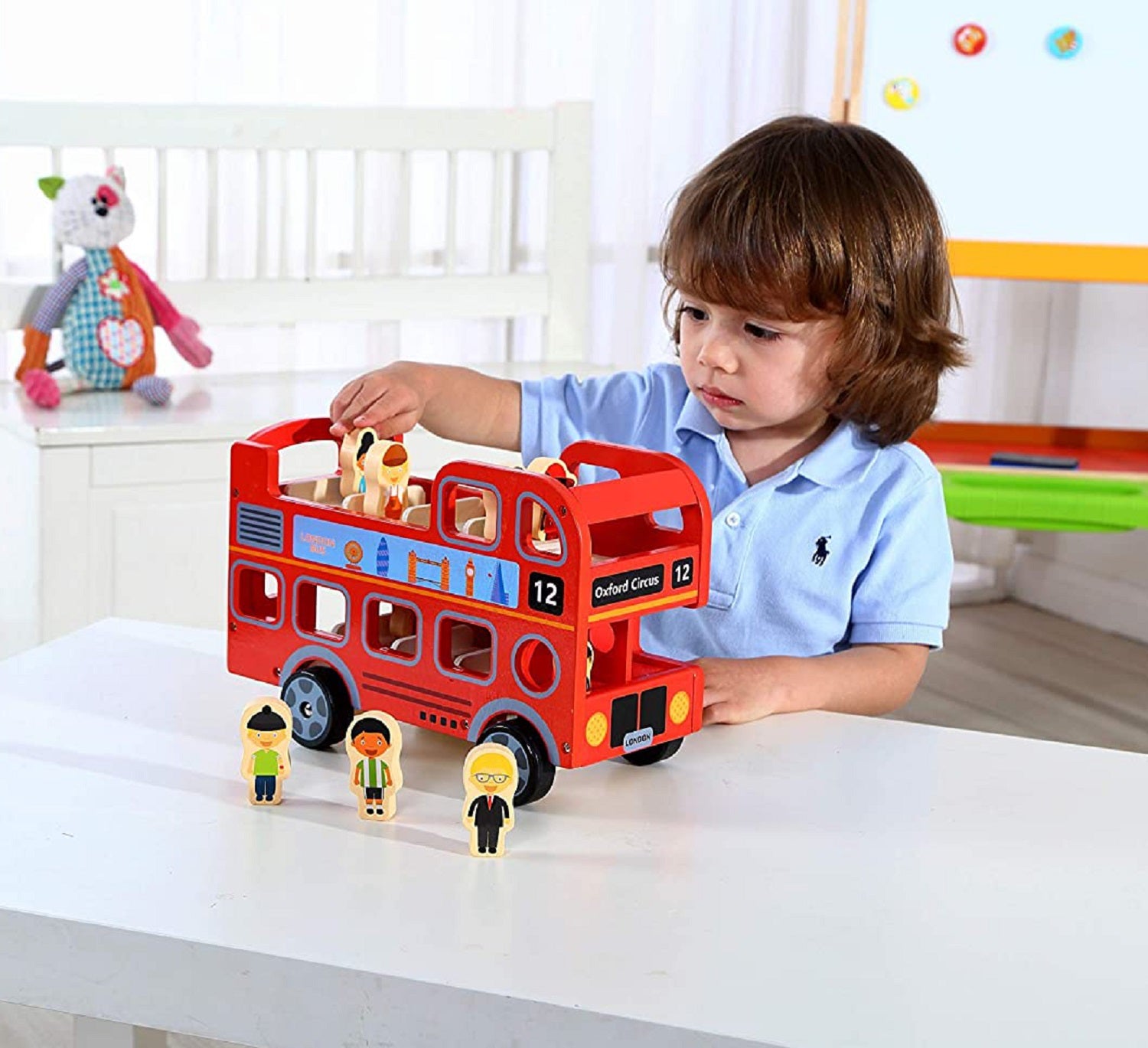 Wooden London Bus with 8 Passengers