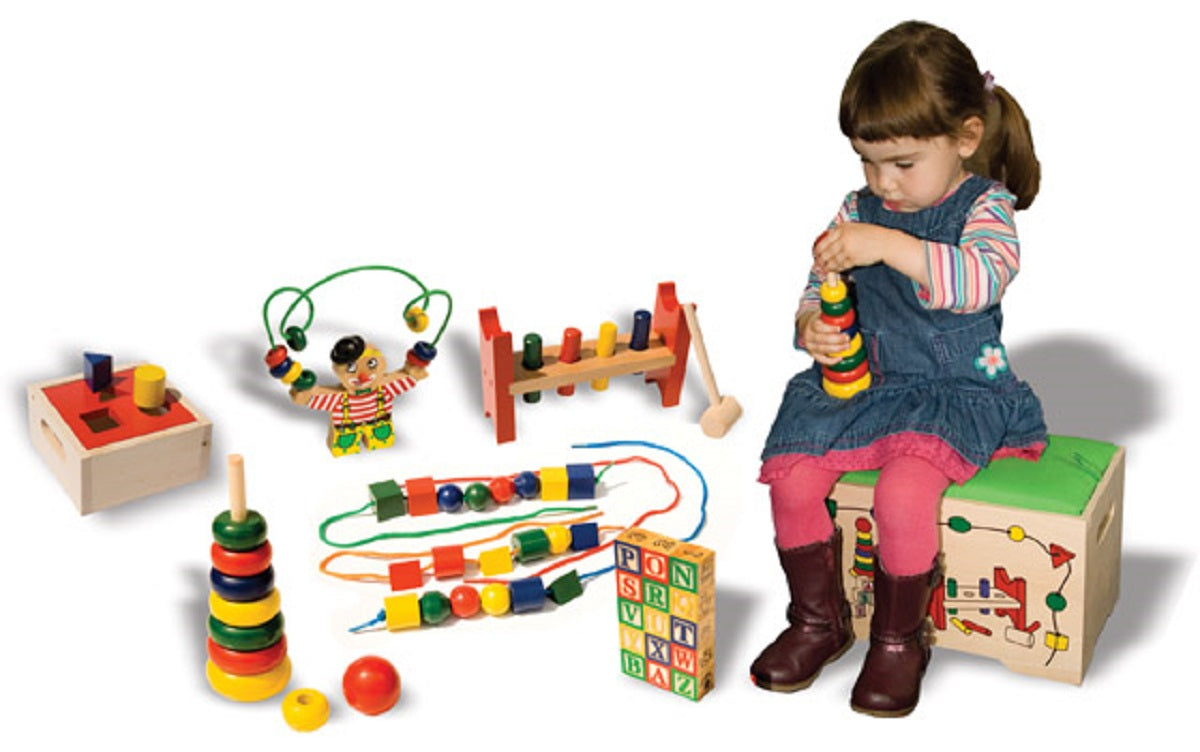 Toy Box and Seat - Includes 6 Wooden Toys