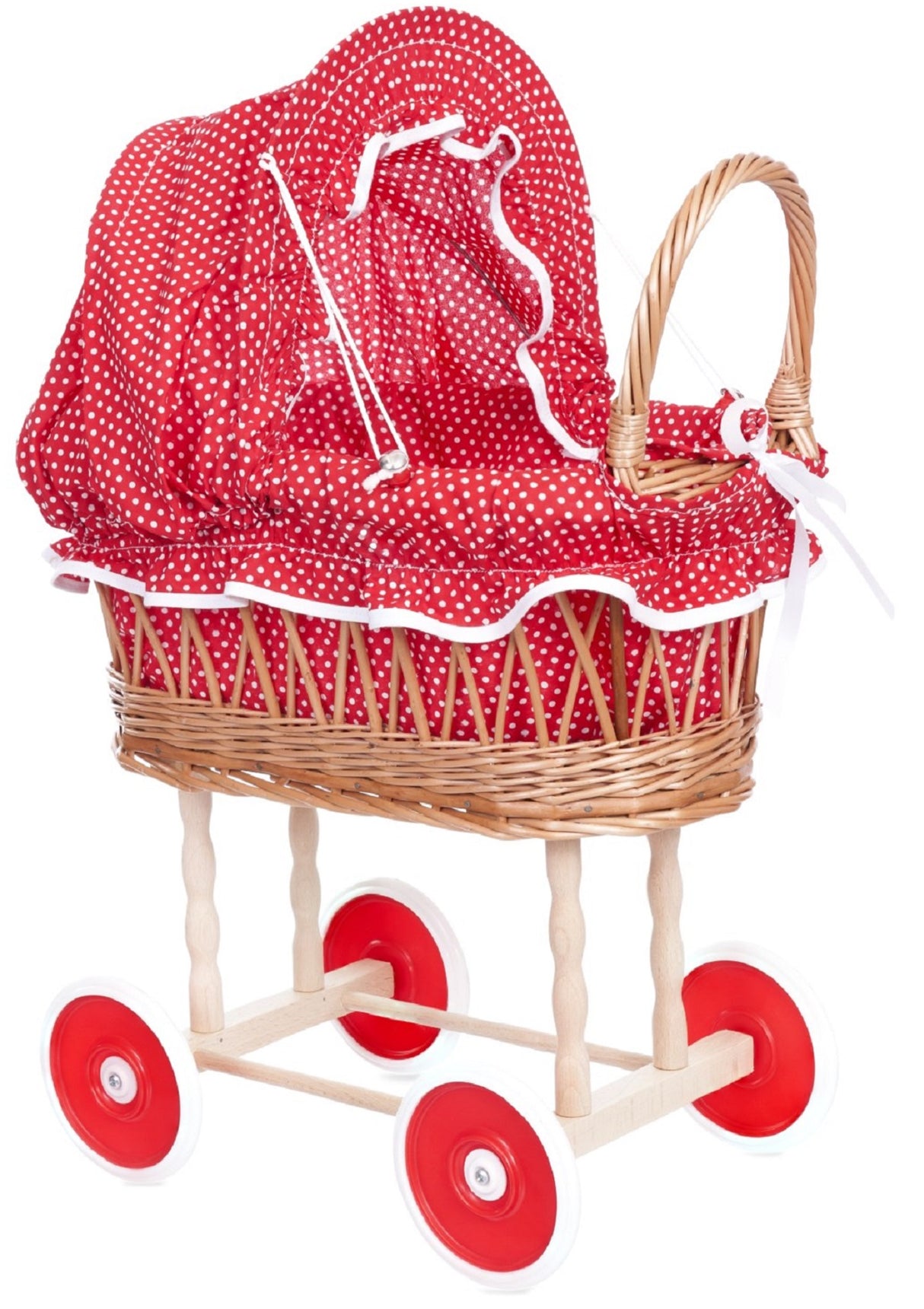 Wicker Doll Pram with Red Dotty Lining