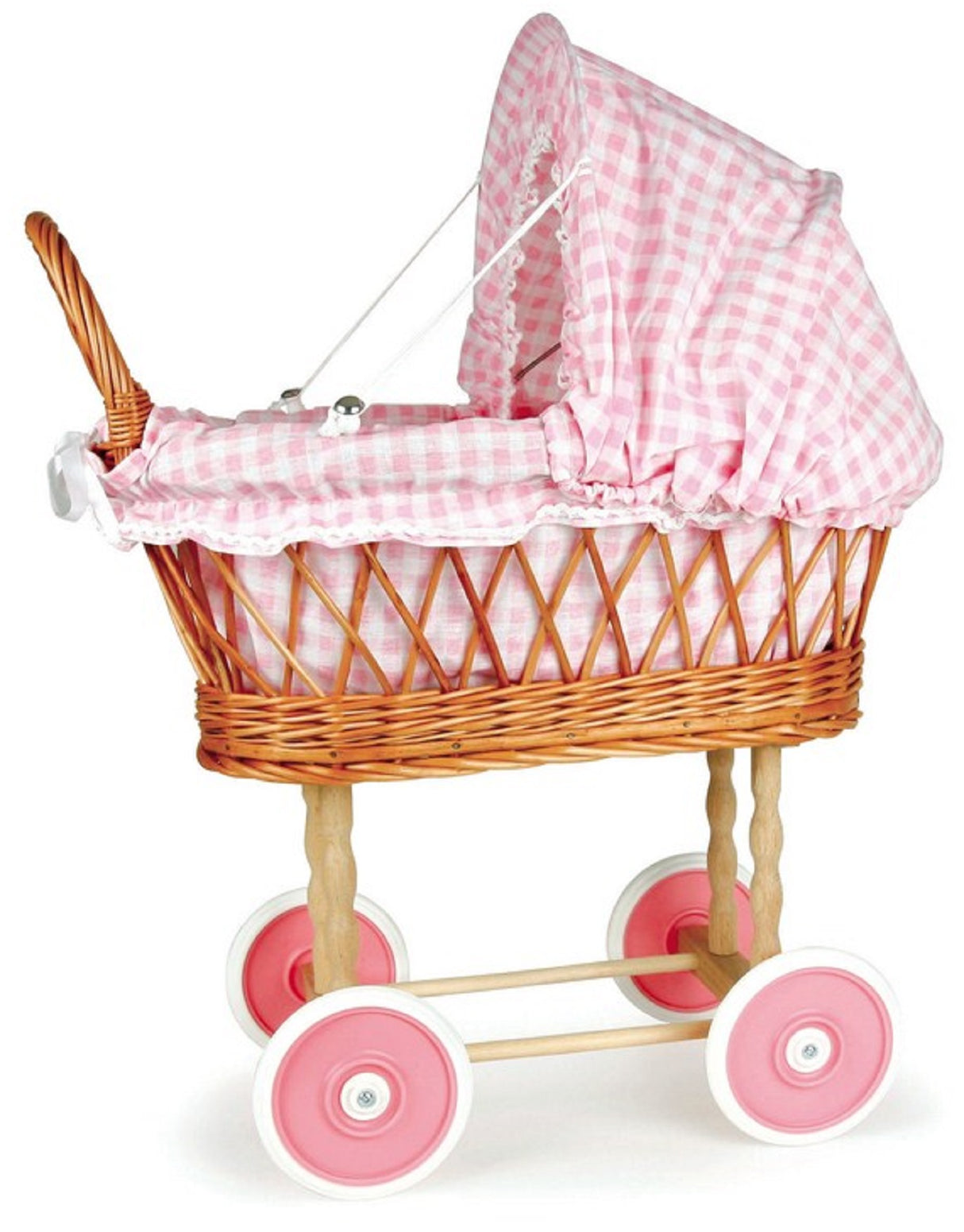 Wicker Doll Pram with Pink Vichy Lining