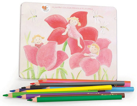 12 Jumbo Colour Pencils in a Flower Motif Tin