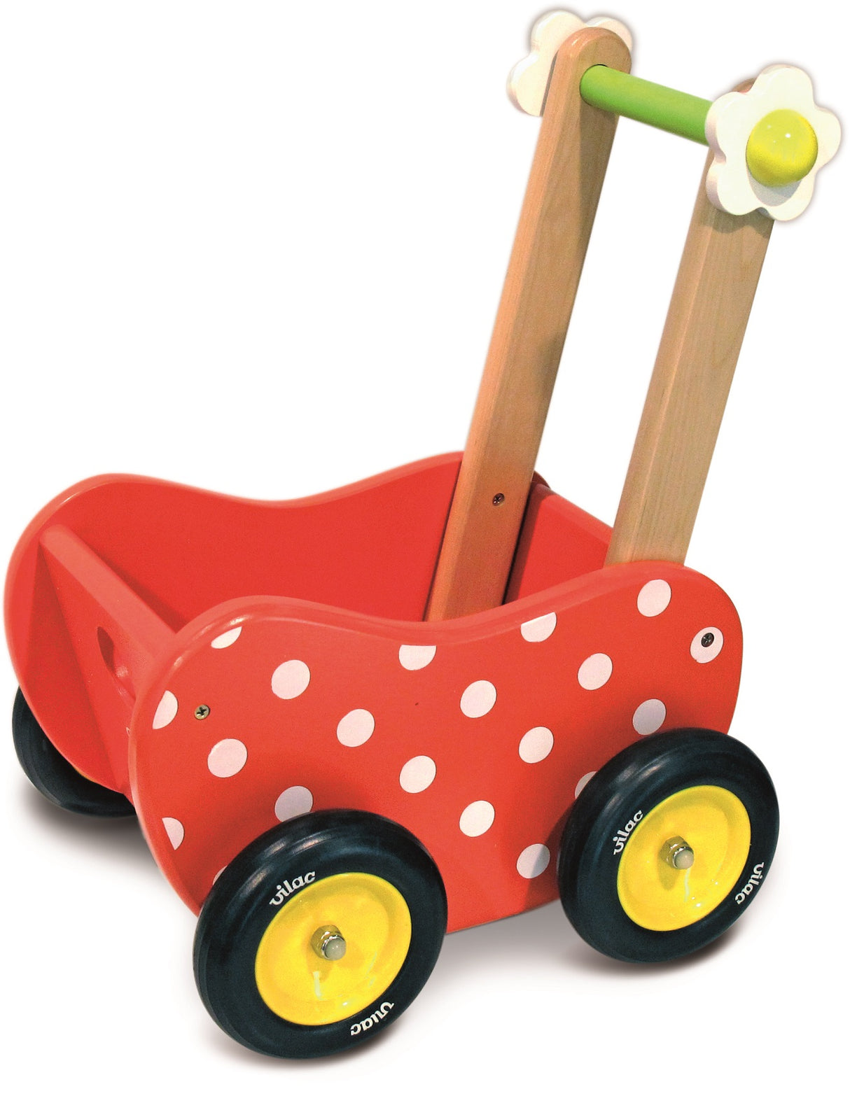 Red Polka Dot Wooden Doll Pram
