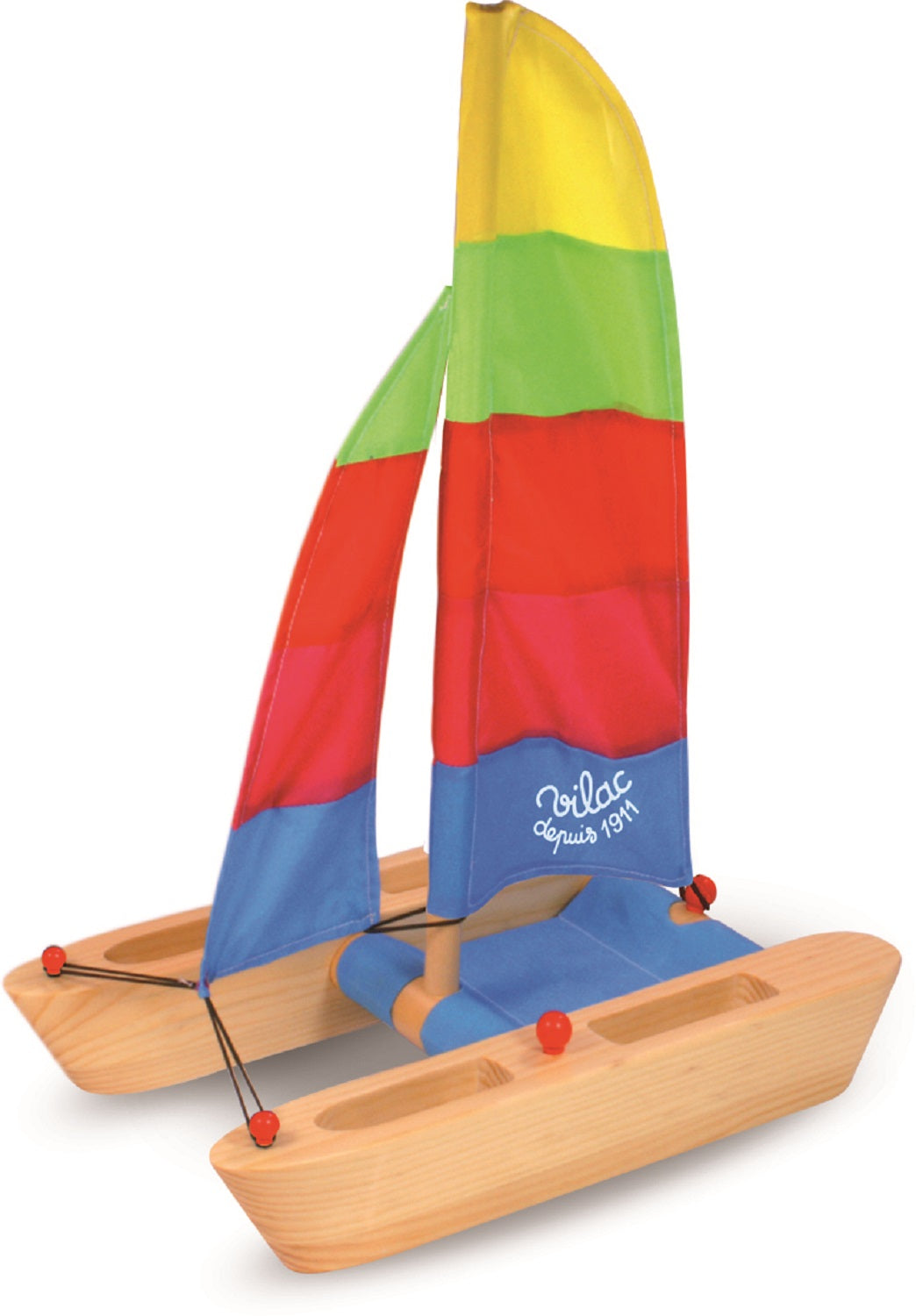 Wooden Catamaran with Brightly Coloured Sail