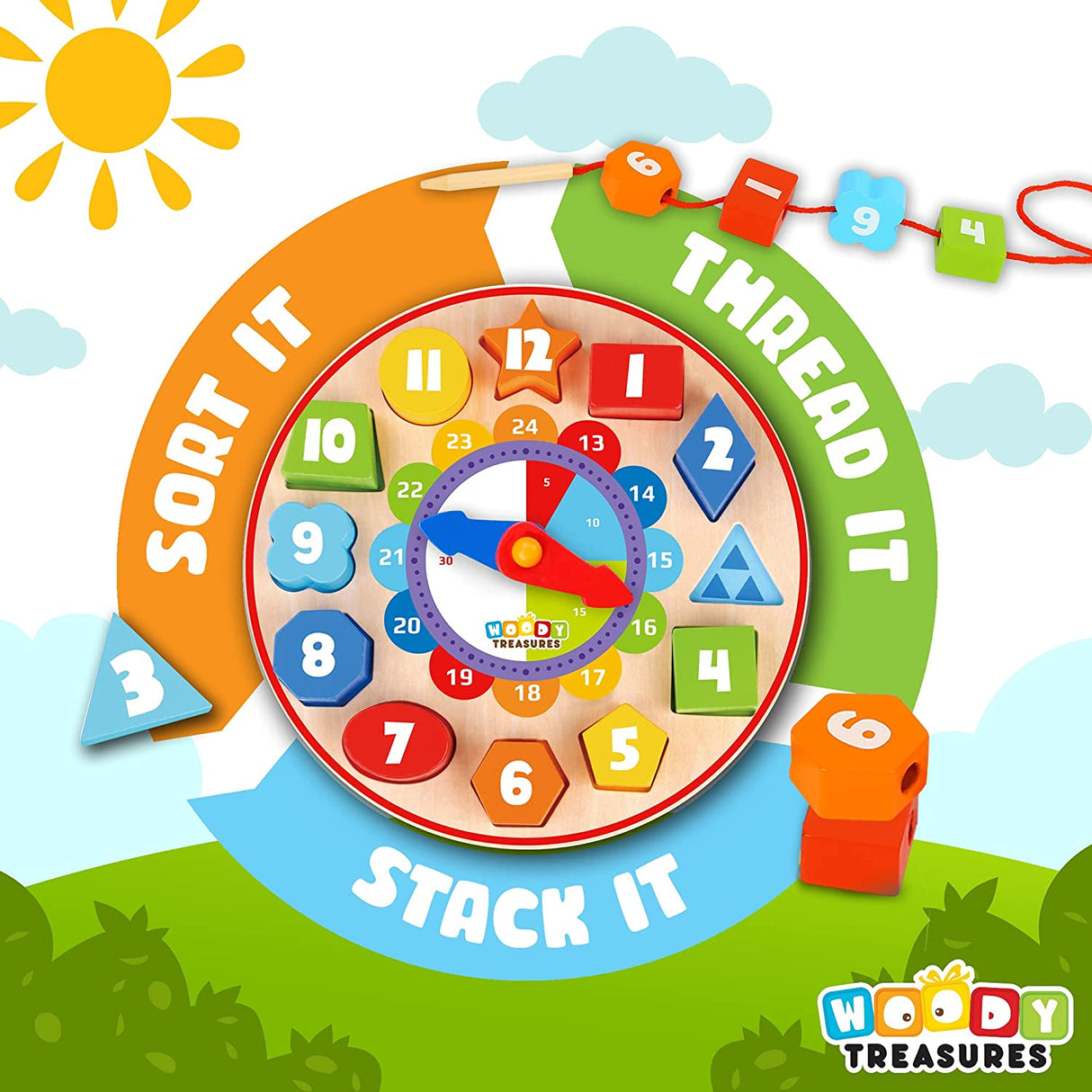 Woody Treasures Teaching & Shape Sorting Clock