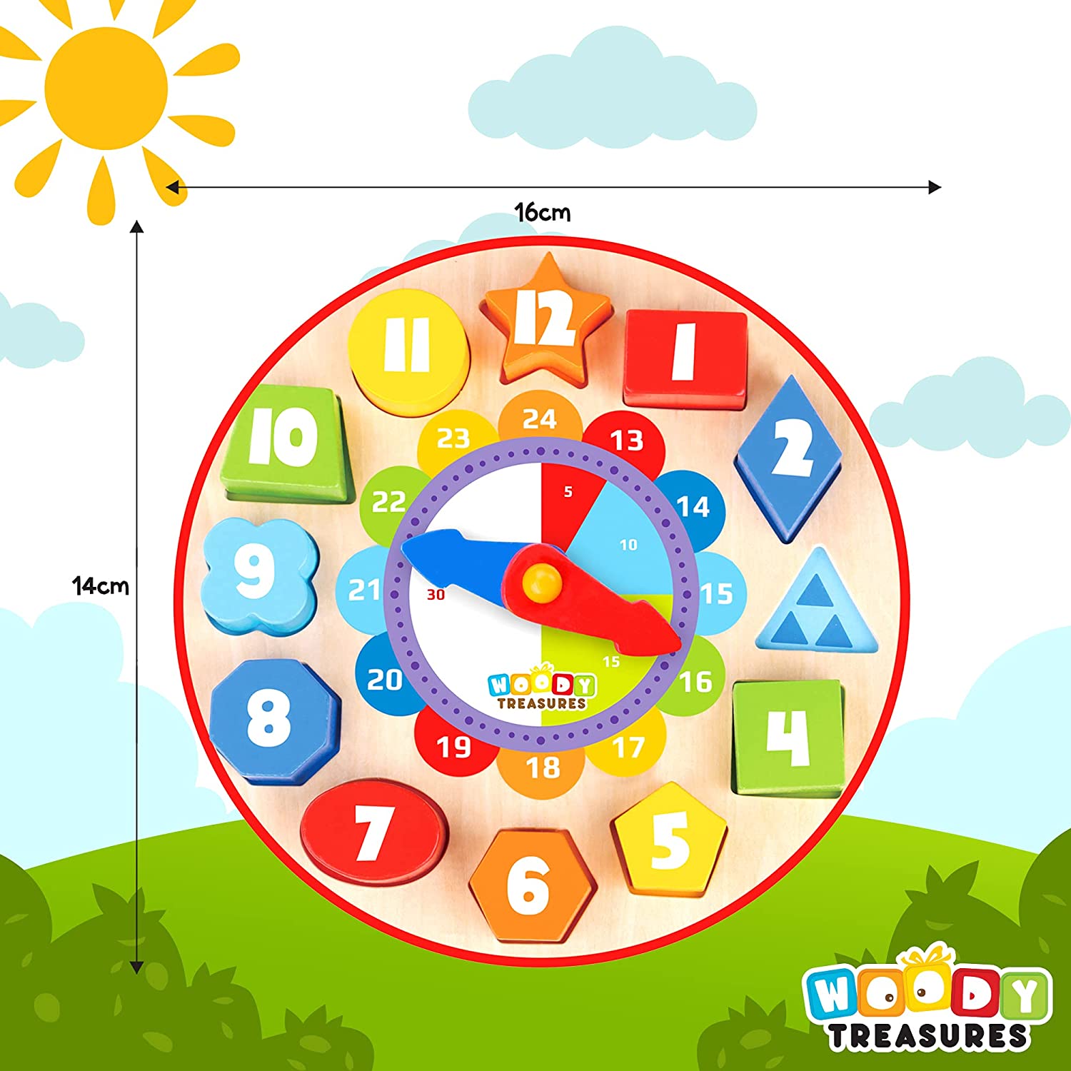 Woody Treasures Teaching & Shape Sorting Clock