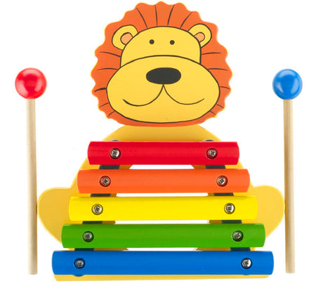 Our wooden Lion Xylophone features five metal keys, is hand painted in a rainbow of bright colours and includes two wooden beater sticks.