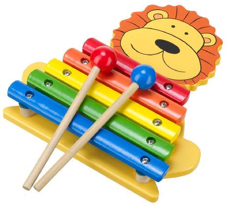 Our wooden Lion Xylophone features five metal keys, is hand painted in a rainbow of bright colours and includes two wooden beater sticks.