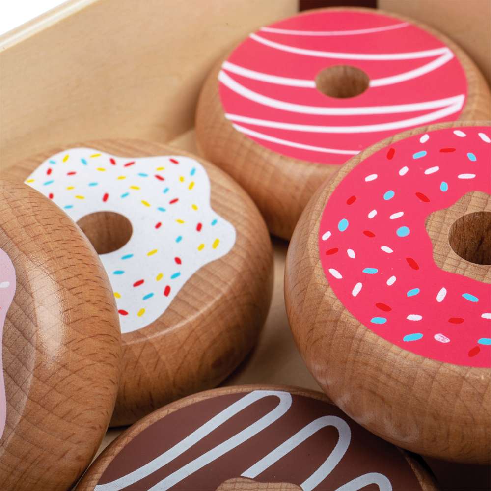 Bigjigs Toys Wooden Doughnut Crate Play Food Set with 6 Doughnuts