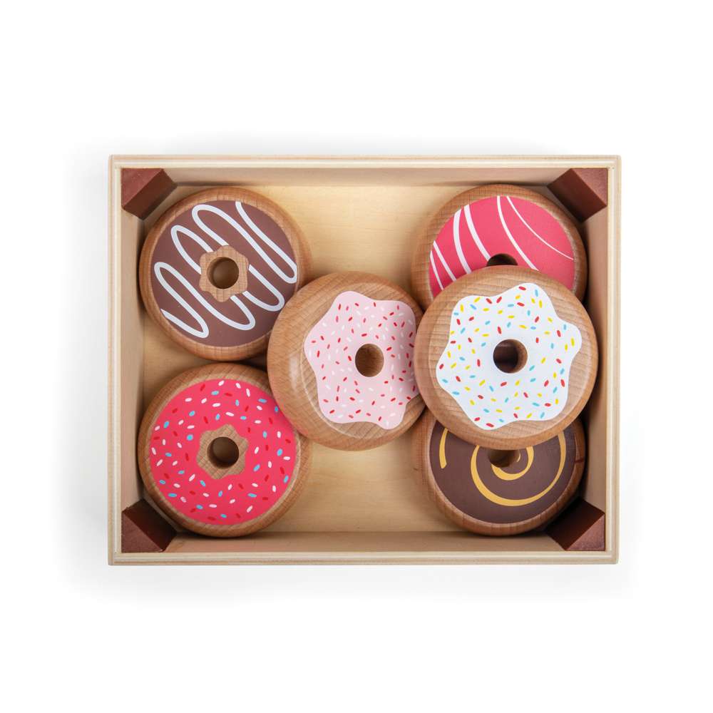 Bigjigs Toys Wooden Doughnut Crate Play Food Set with 6 Doughnuts