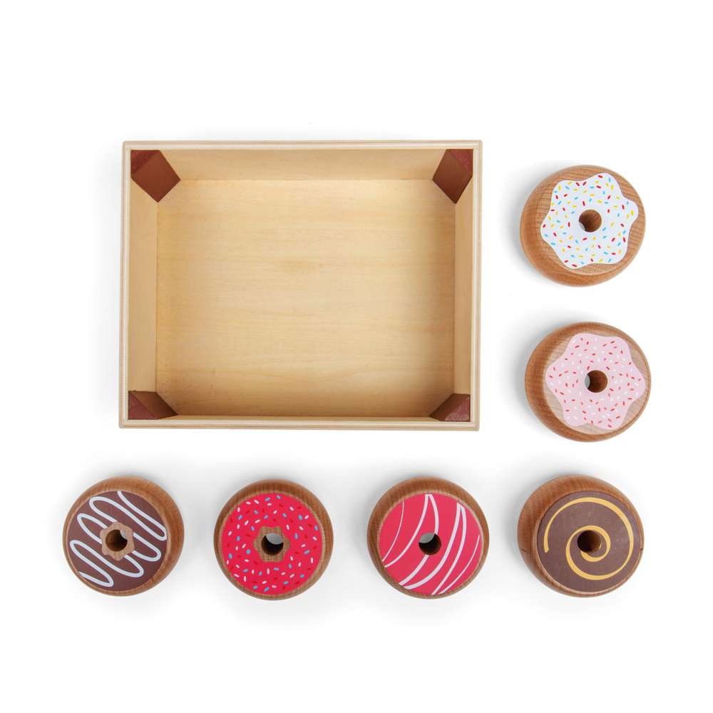 Bigjigs Toys Wooden Doughnut Crate Play Food Set with 6 Doughnuts