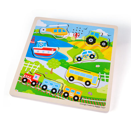 Bigjigs Toys Wooden Transport Sound Puzzle with 6 Vehicle Pieces for Toddlers 12 Months Plus