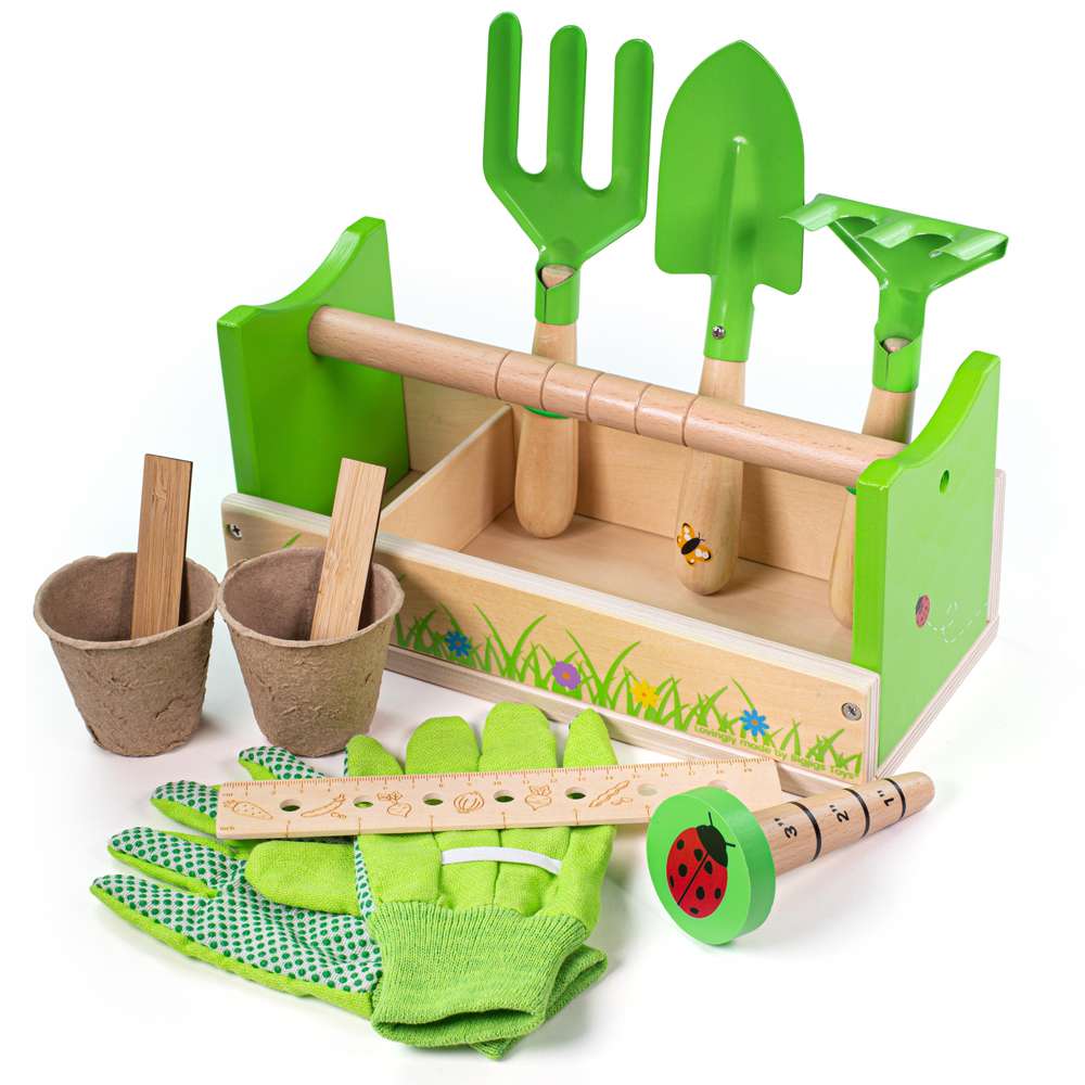 Bigjigs Toys Wooden Kids Garden Caddy Gardening Tools Set with 11 Play Pieces