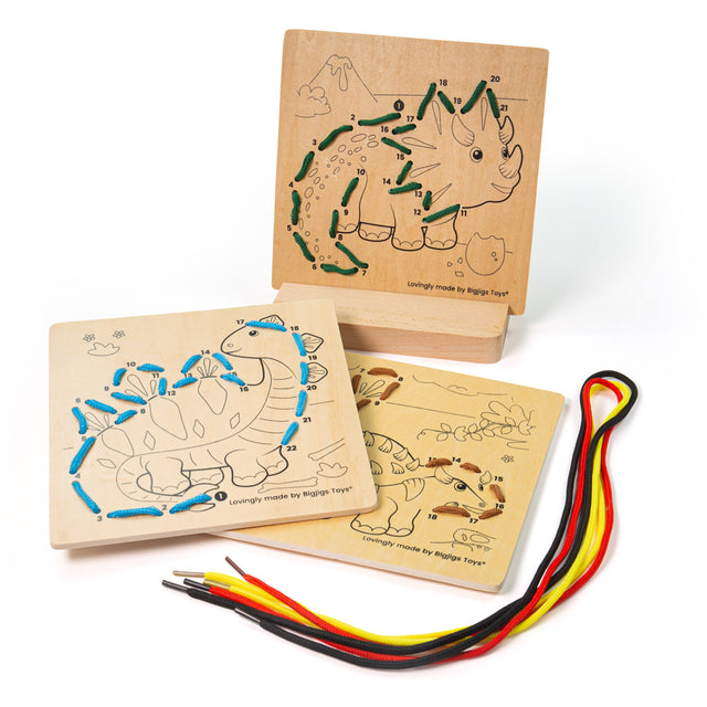 Bigjigs Toys Wooden Dinosaur Lacing by Numbers Educational Toy for Toddlers