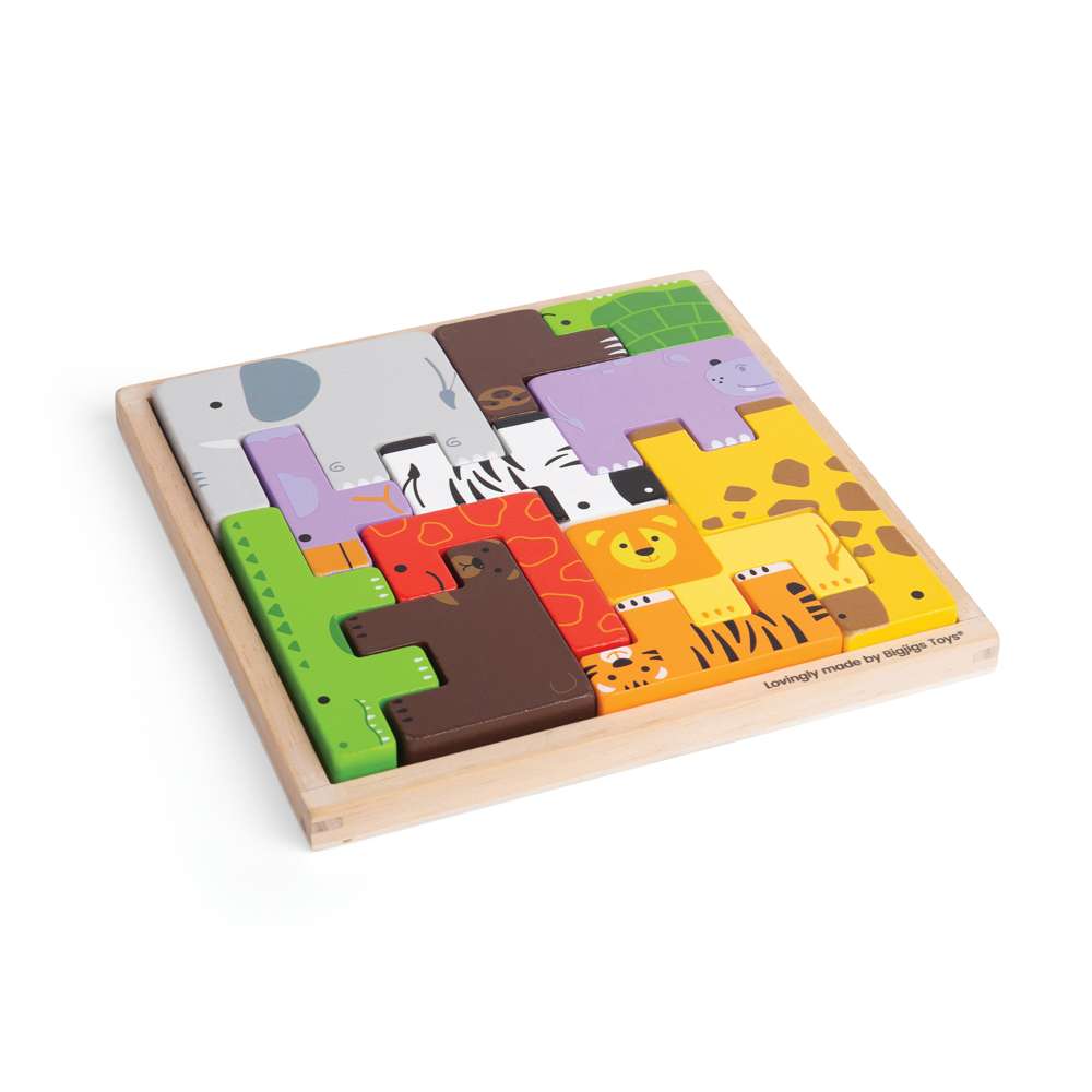 Bigjigs Toys Animal Lock-a-Block Wooden Stacking Toy and Jigsaw Puzzle 11 Pieces