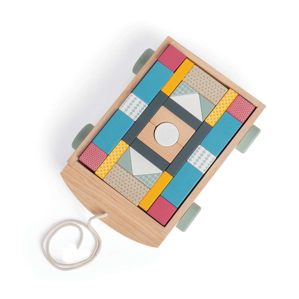 Bigjigs Toys FSC Certified Brick Wooden Cart Pull Along Toy with 30 Play Pieces