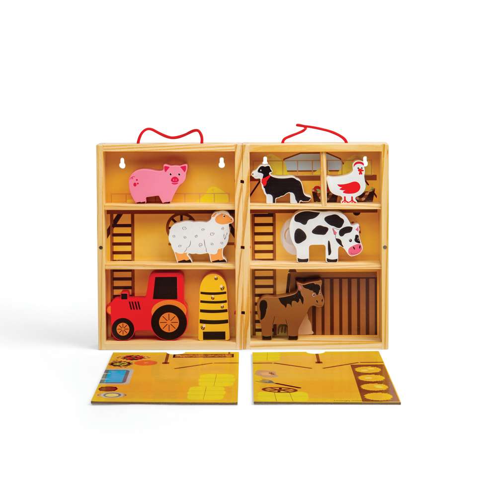 Bigjigs Toys Wooden Farm Play Box Kids Activity Set with Animal Figures and Play Mat