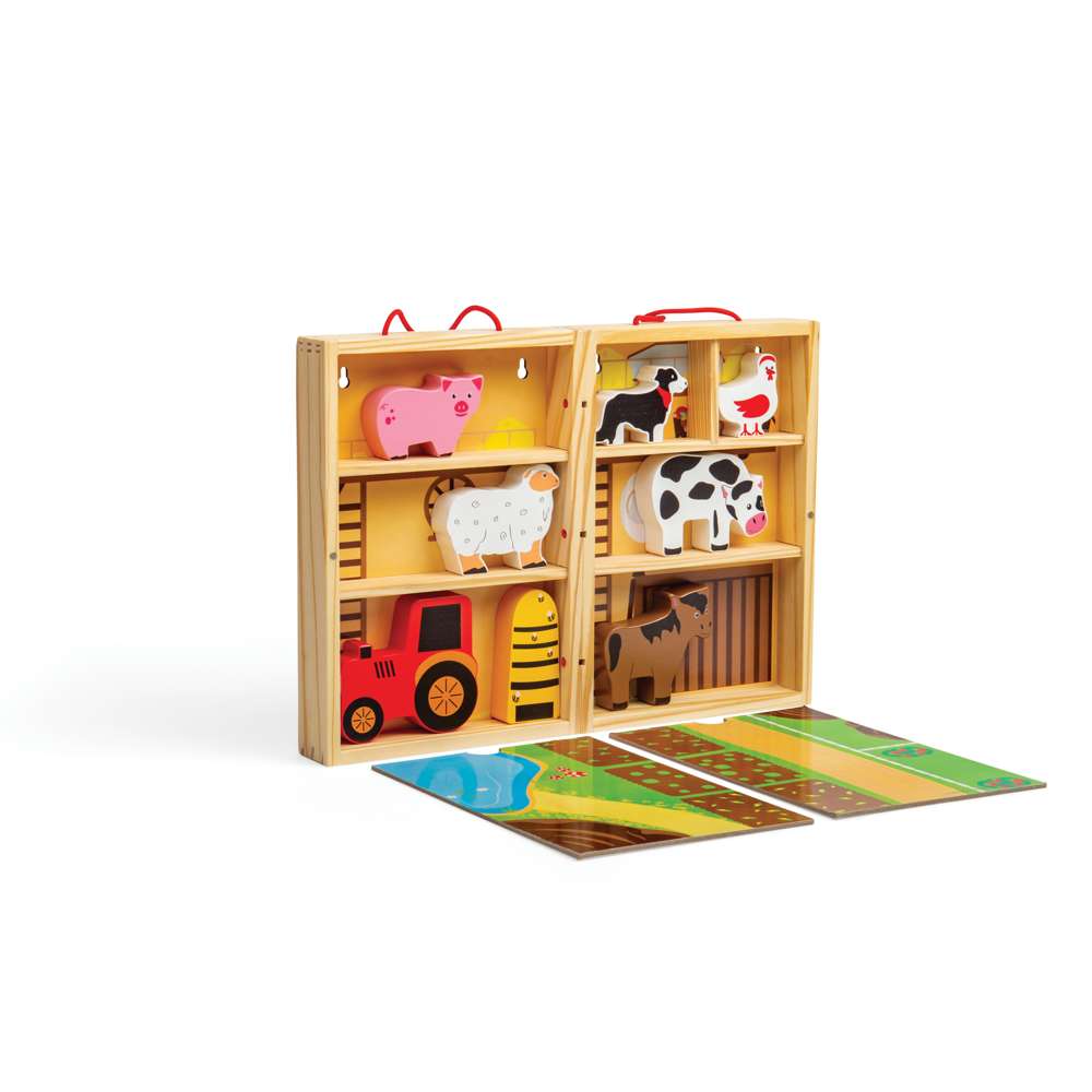 Bigjigs Toys Wooden Farm Play Box Kids Activity Set with Animal Figures and Play Mat
