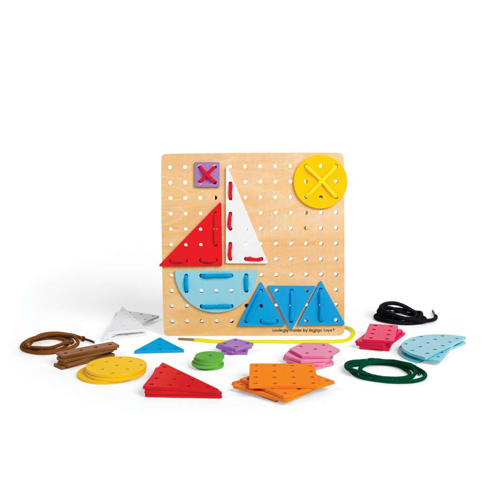 Bigjigs Toys Geometric Lacing Game for Toddlers Wooden Threading Toy with 44 Shapes and 6 Laces