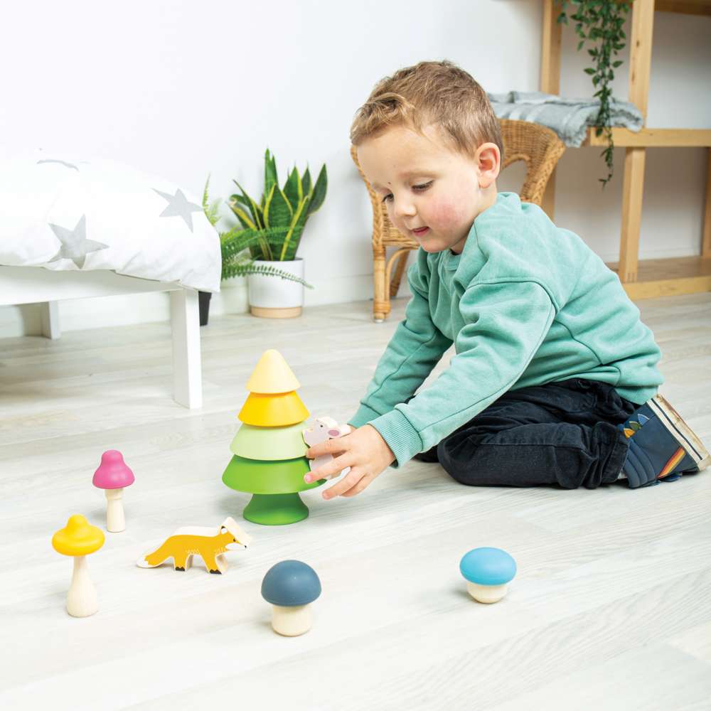 Bigjigs Toys Forest Friends Silicone and Wooden Montessori Stacking Toy Set 12 Months+
