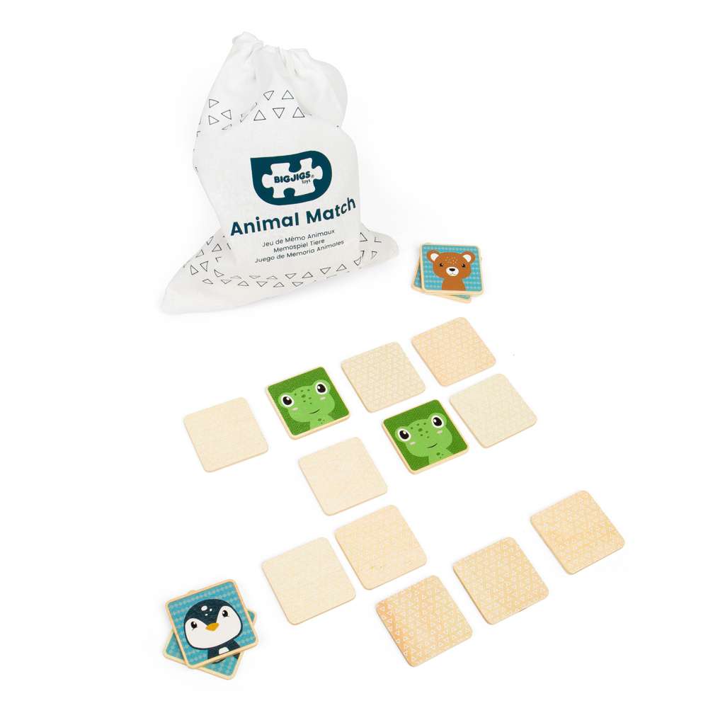 Bigjigs Toys Wooden Animal Match Memory Game with 30 Pieces and Drawstring Bag
