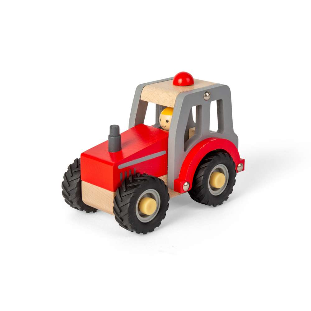 Bigjigs Toys Wooden Mini Red Tractor with Farmer Figure for 12 Months Plus