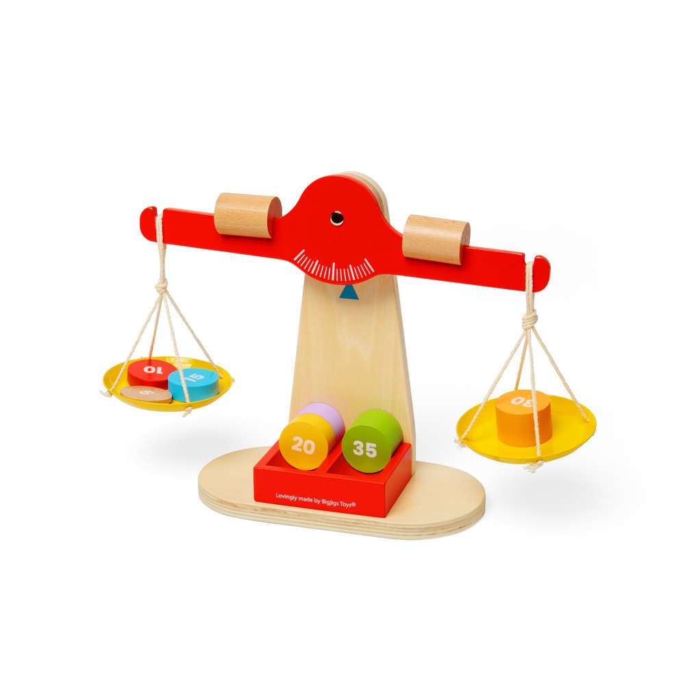 Bigjigs Toys Wooden Balancing Scales with 7 Weighted Disks STEM Toy Kitchen Accessory