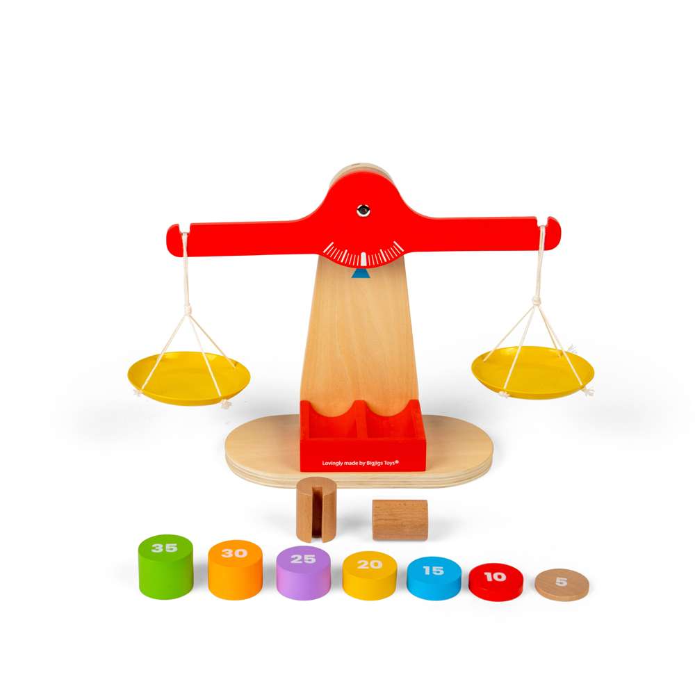 Bigjigs Toys Wooden Balancing Scales with 7 Weighted Disks STEM Toy Kitchen Accessory
