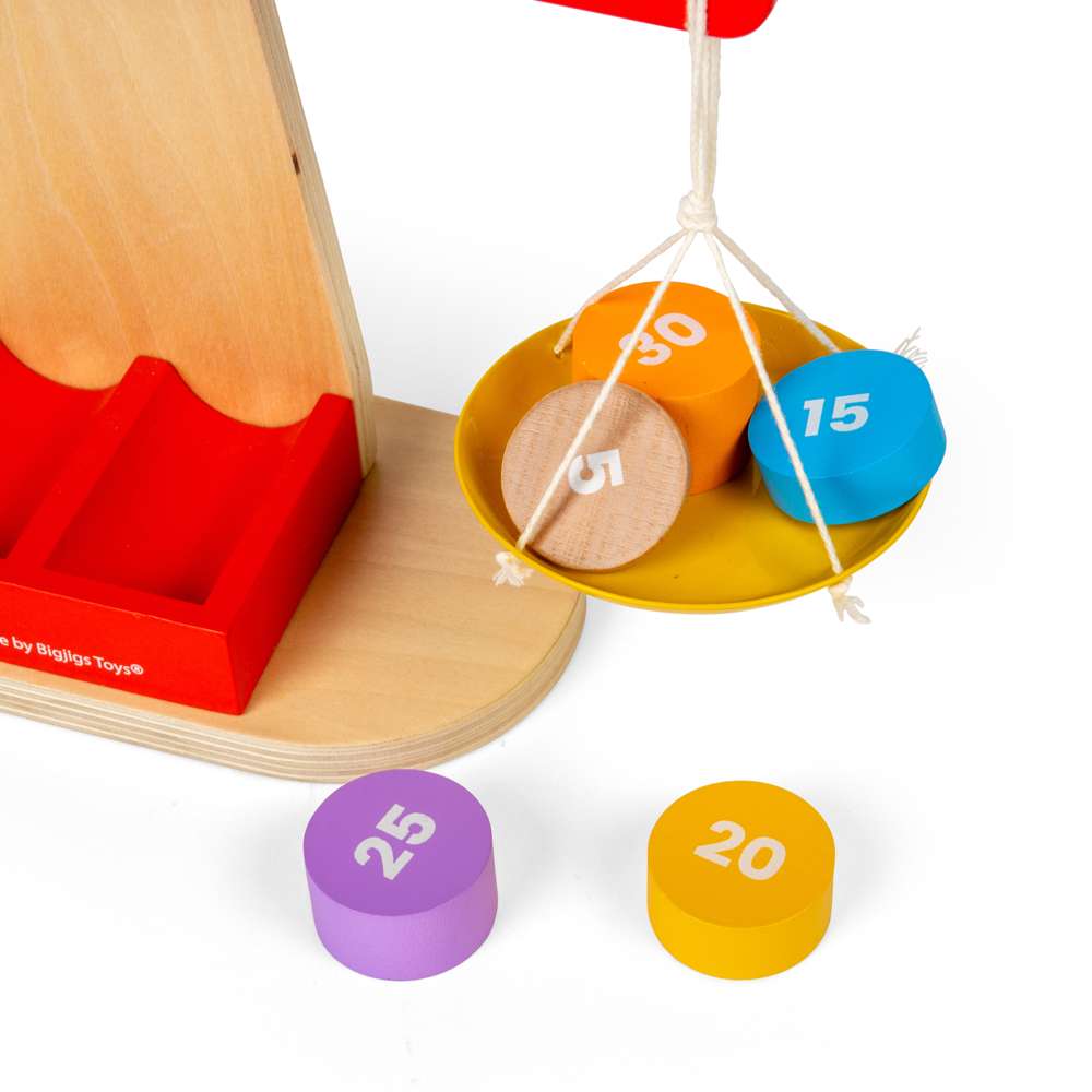 Bigjigs Toys Wooden Balancing Scales with 7 Weighted Disks STEM Toy Kitchen Accessory
