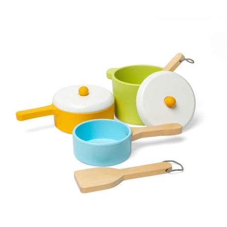 Bigjigs Toys Wooden Pots and Pans Set 7 Pieces Kids Kitchen Role Play Toy