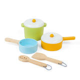 Bigjigs Toys Wooden Pots and Pans Set 7 Pieces Kids Kitchen Role Play Toy