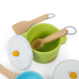 Bigjigs Toys Wooden Pots and Pans Set 7 Pieces Kids Kitchen Role Play Toy