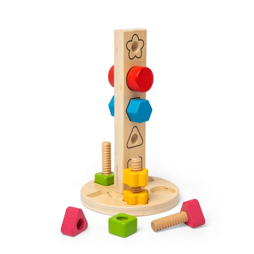 Bigjigs Toys Wooden Nuts and Bolts Tower Montessori Shape Sorting Toy 11 Pieces