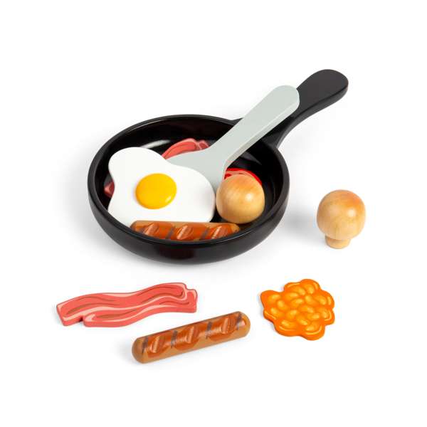 Bigjigs Toys Wooden Breakfast Fry Up Toy Food Set with Saucepan and Spatula 11 Pieces