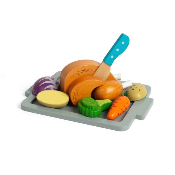 Bigjigs Toys Wooden Roast Dinner Set with Velcro Slicing Chicken and 12 Play Pieces