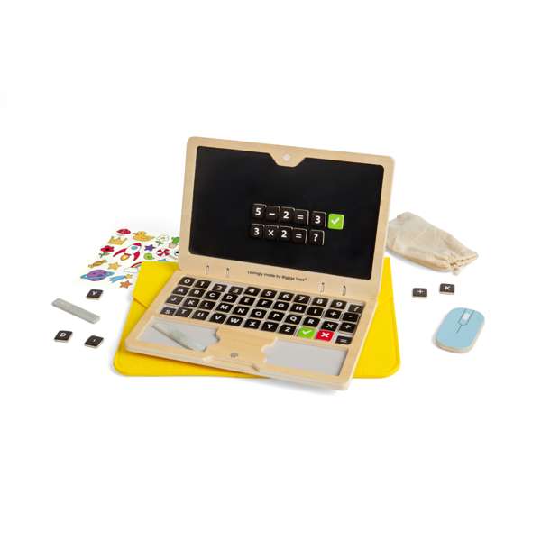 Bigjigs Toys Wooden Tech Set Screen Free Toy Laptop with Magnetic Letters and Numbers