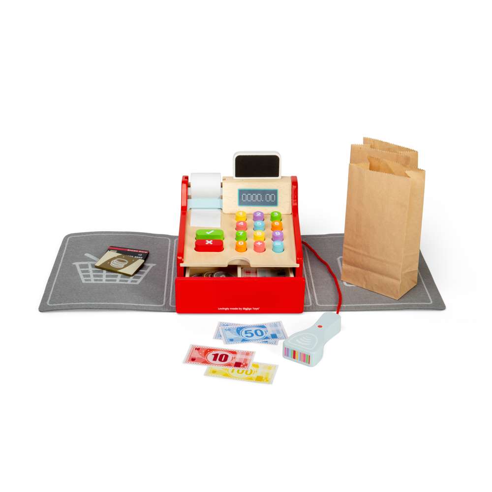 Bigjigs Toys Wooden Shop Till with Mini Scanner and Pretend Money Toy Kitchen Accessories For Kids