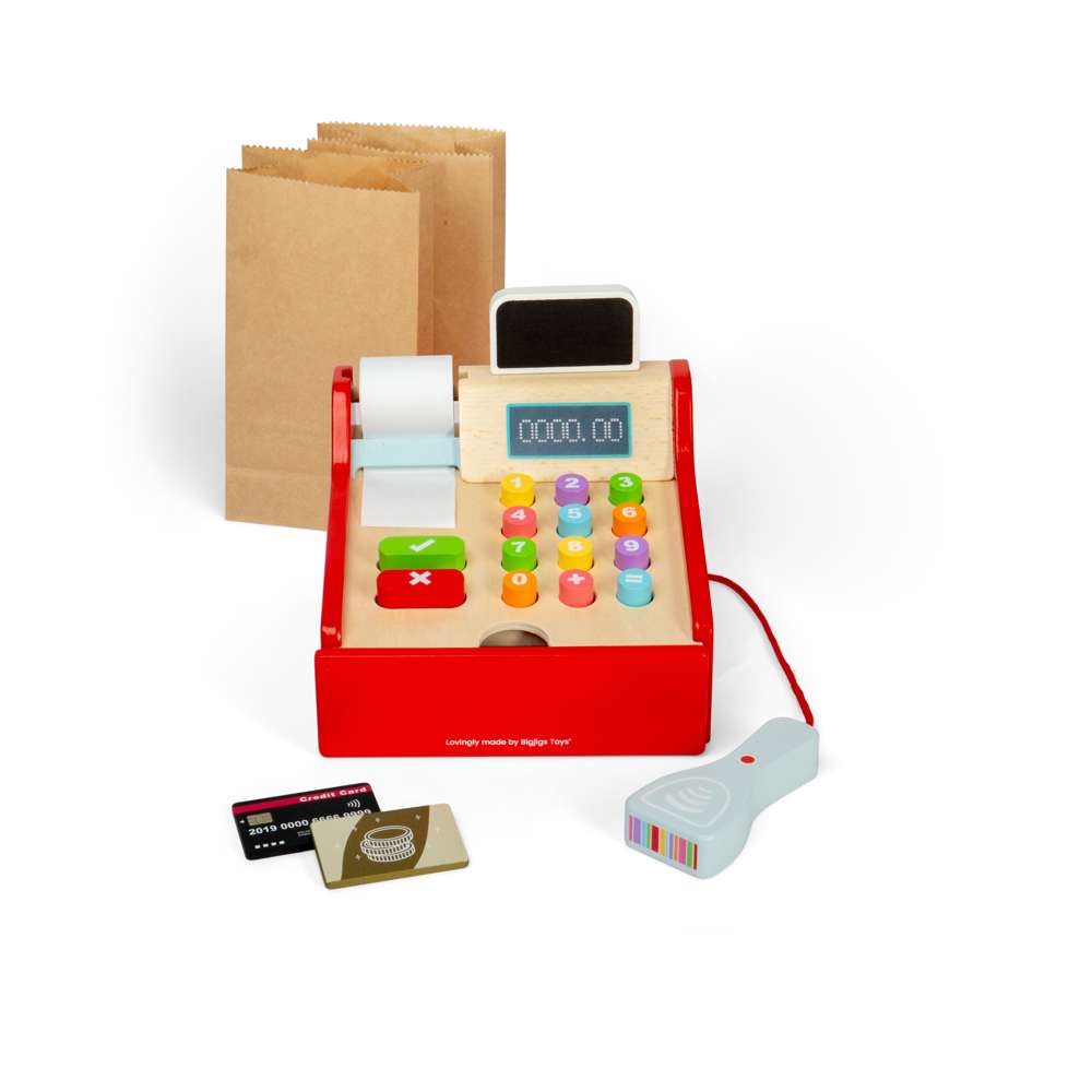 Bigjigs Toys Wooden Shop Till with Mini Scanner and Pretend Money Toy Kitchen Accessories For Kids