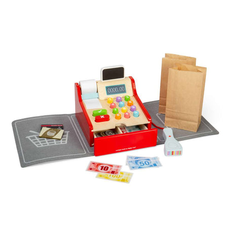 Bigjigs Toys Wooden Shop Till with Mini Scanner and Pretend Money Toy Kitchen Accessories For Kids