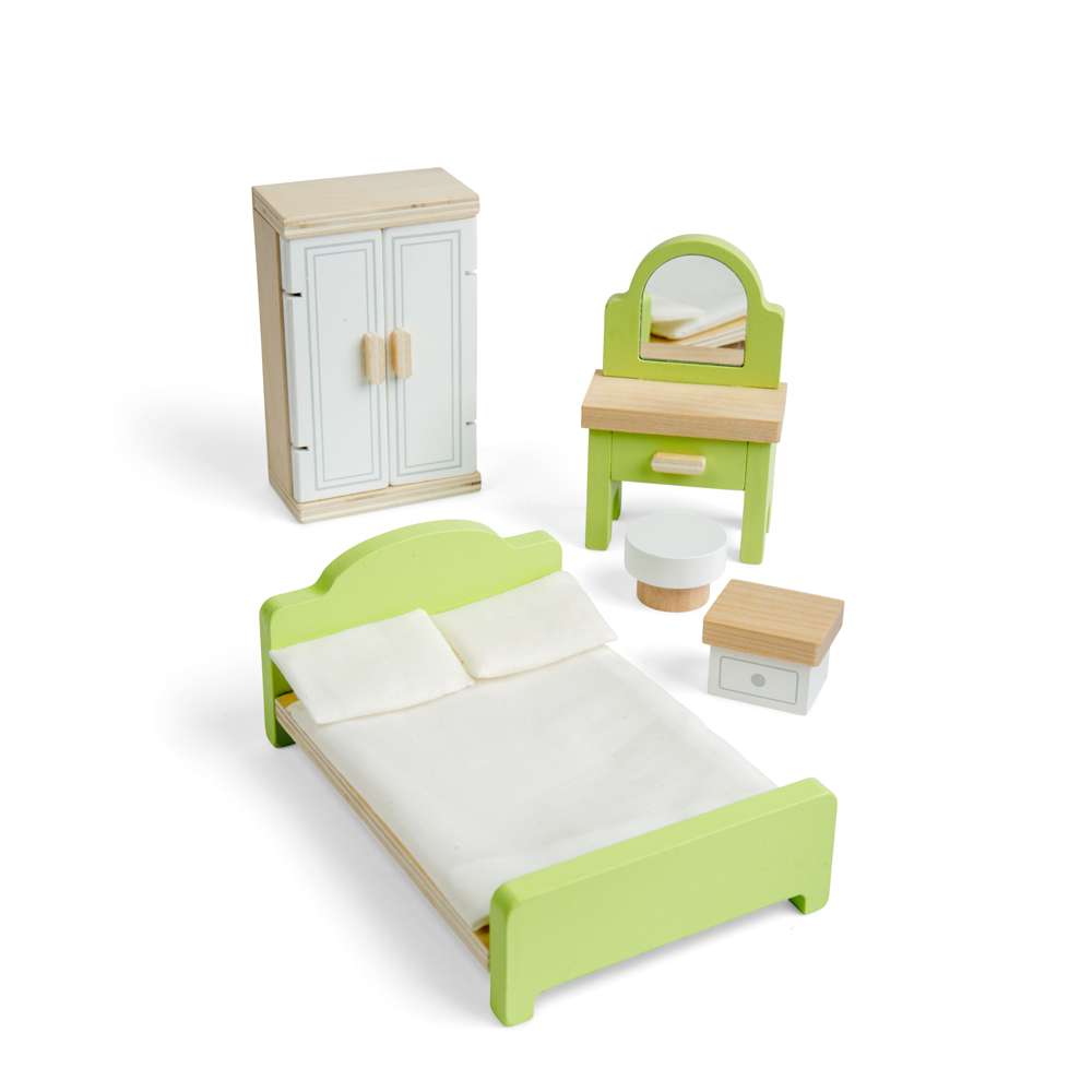 Bigjigs Toys Wooden Dolls House Bedroom Set with Bed Wardrobe and Dresser
