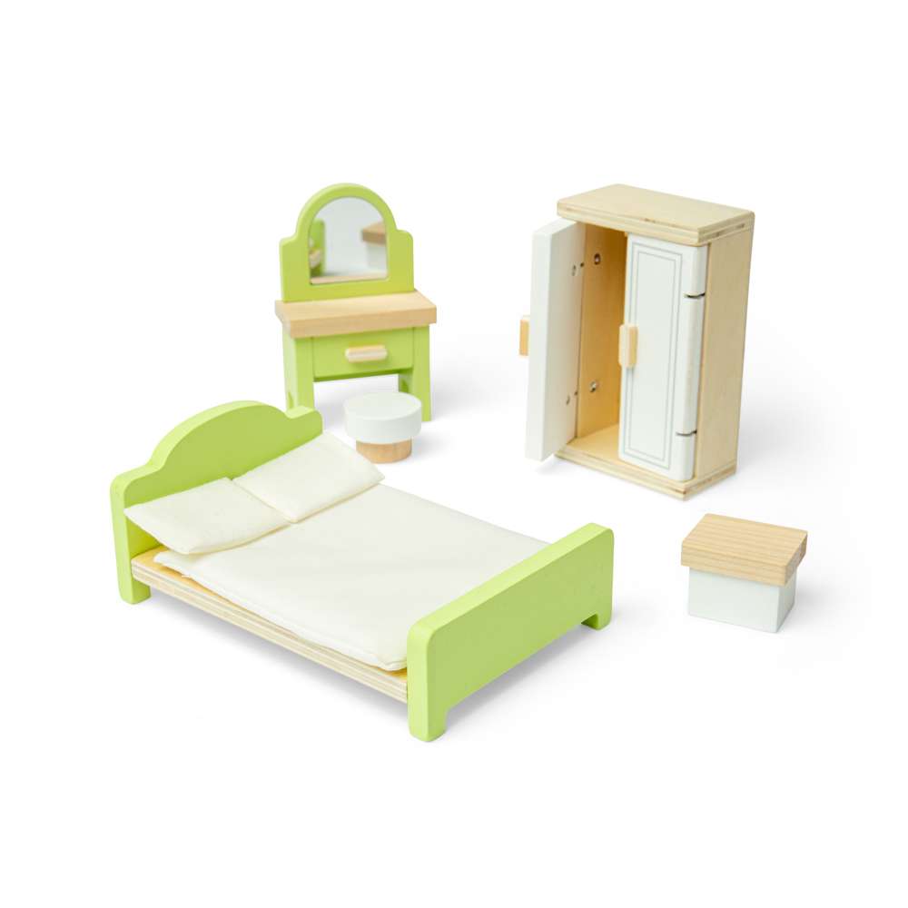 Bigjigs Toys Wooden Dolls House Bedroom Set with Bed Wardrobe and Dresser
