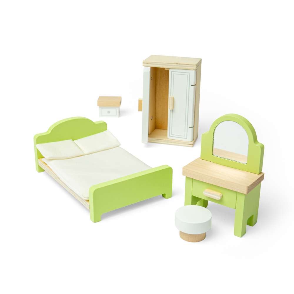 Bigjigs Toys Wooden Dolls House Bedroom Set with Bed Wardrobe and Dresser