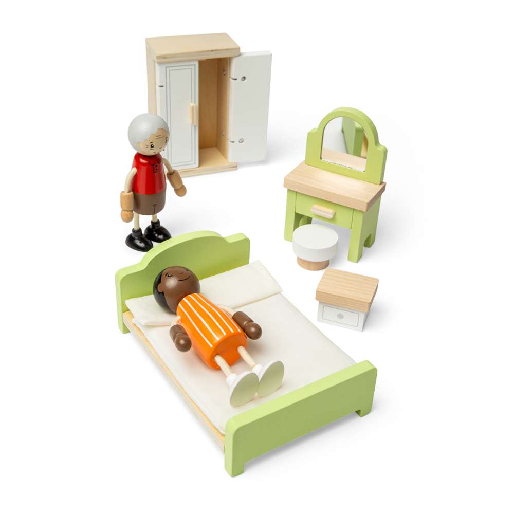 Bigjigs Toys Wooden Dolls House Bedroom Set with Bed Wardrobe and Dresser