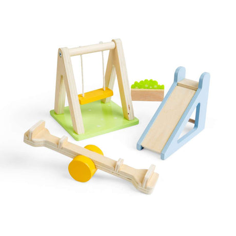 Bigjigs Toys Wooden Dolls House Garden Furniture Set with Swing Slide and Seesaw