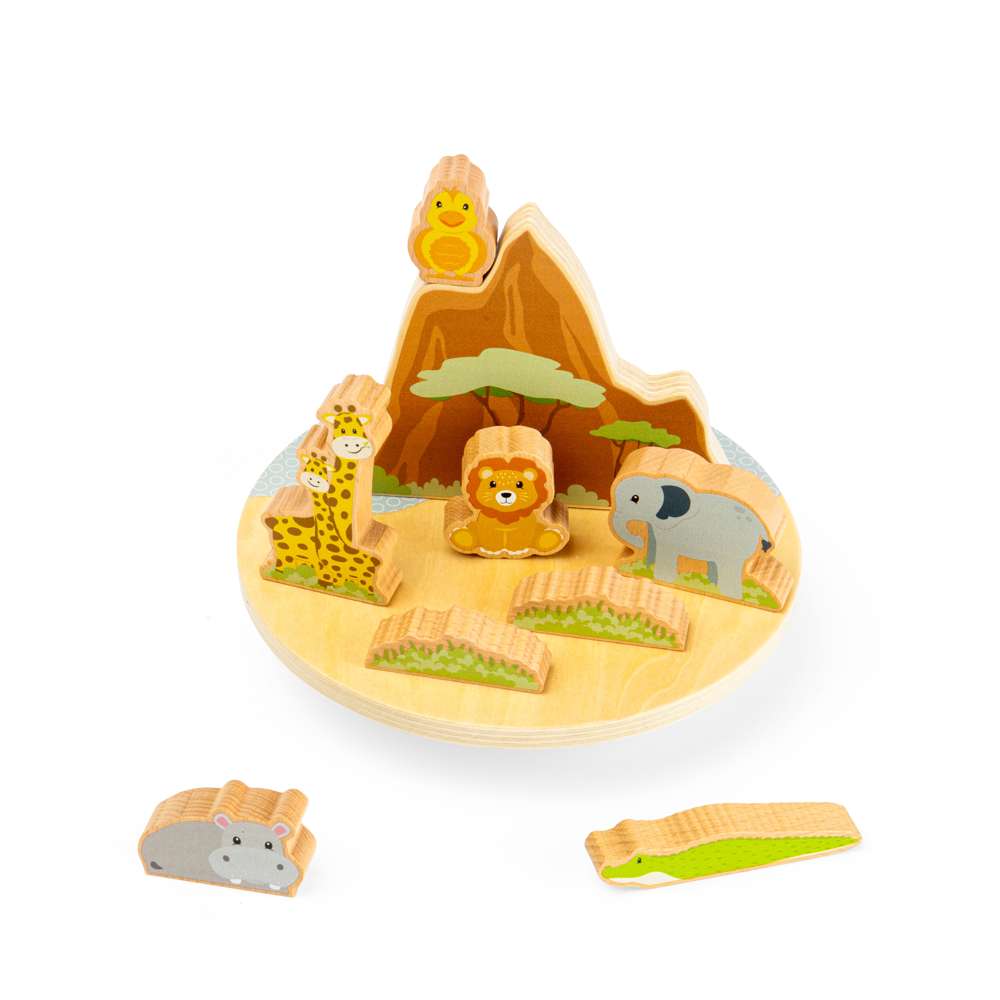 Bigjigs Toys Safari Wooden Wobble Board Balance Toy with 10 Animal Pieces for Toddlers 18 Months Plus