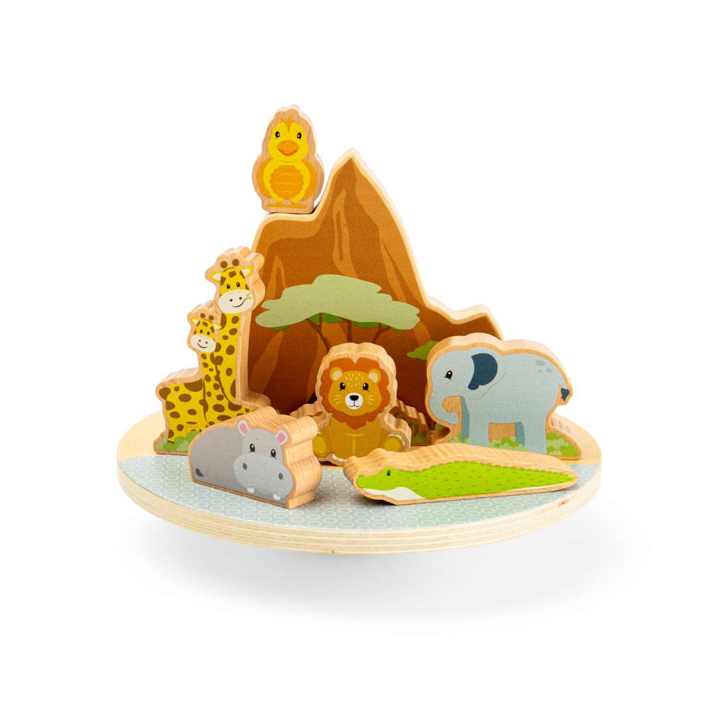 Bigjigs Toys Safari Wooden Wobble Board Balance Toy with 10 Animal Pieces for Toddlers 18 Months Plus