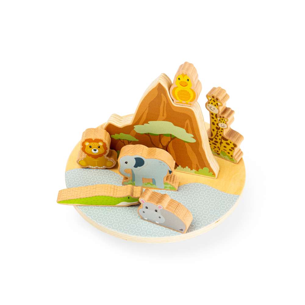 Bigjigs Toys Safari Wooden Wobble Board Balance Toy with 10 Animal Pieces for Toddlers 18 Months Plus