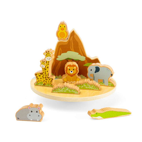 Bigjigs Toys Safari Wooden Wobble Board Balance Toy with 10 Animal Pieces for Toddlers 18 Months Plus